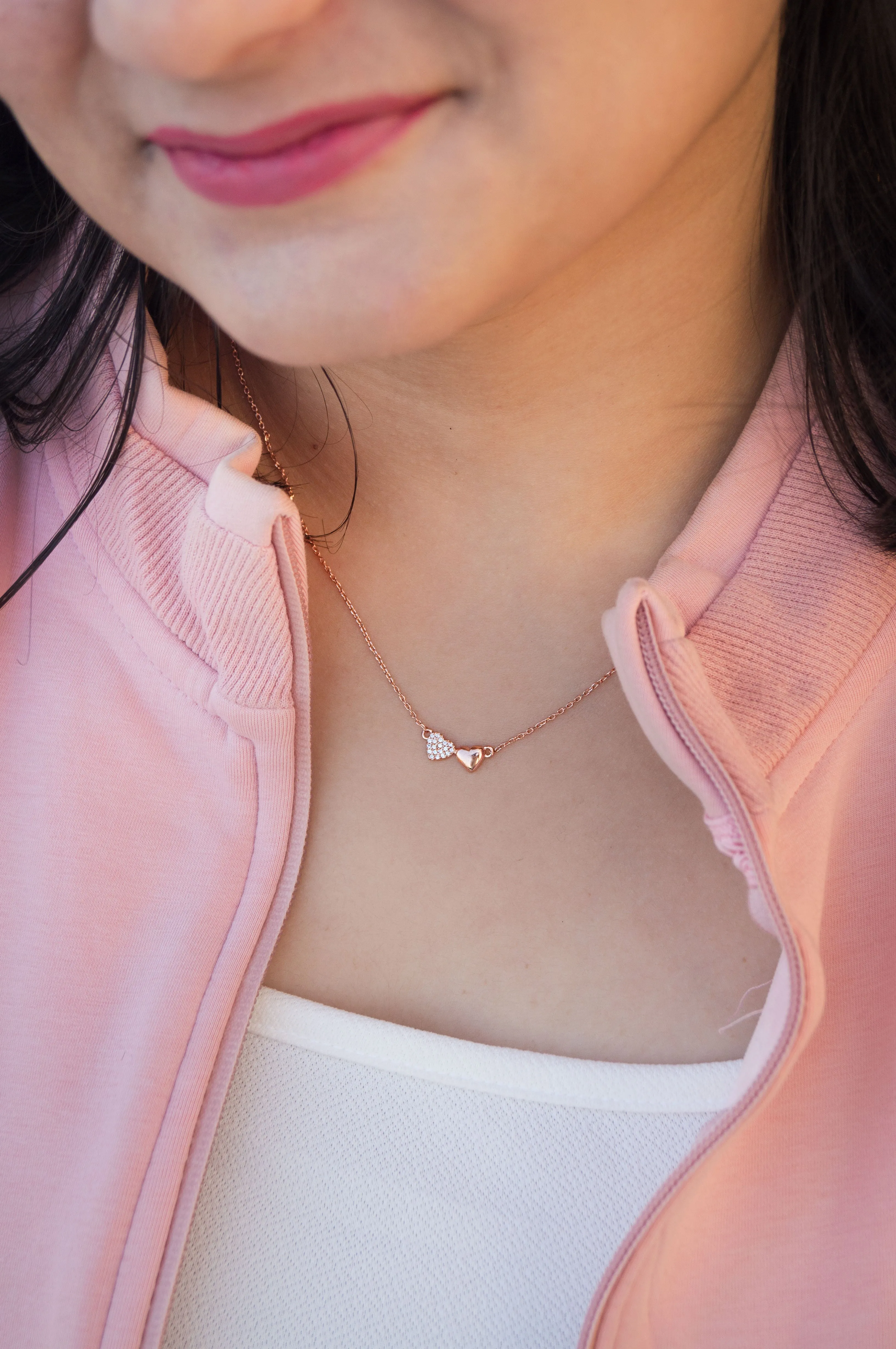 You & Me Heart Rose Gold Plated Sterling Silver Chain Necklace