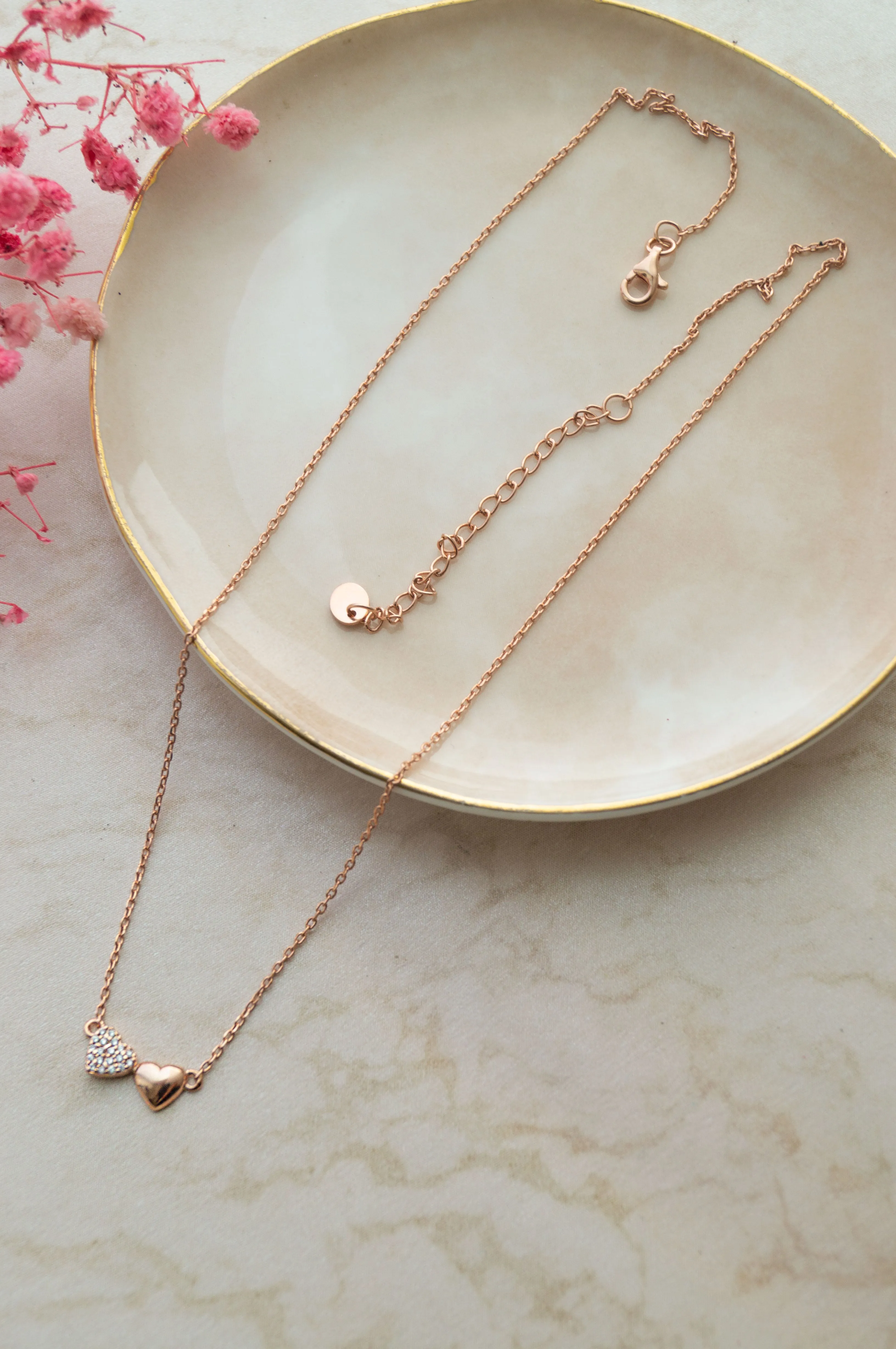 You & Me Heart Rose Gold Plated Sterling Silver Chain Necklace
