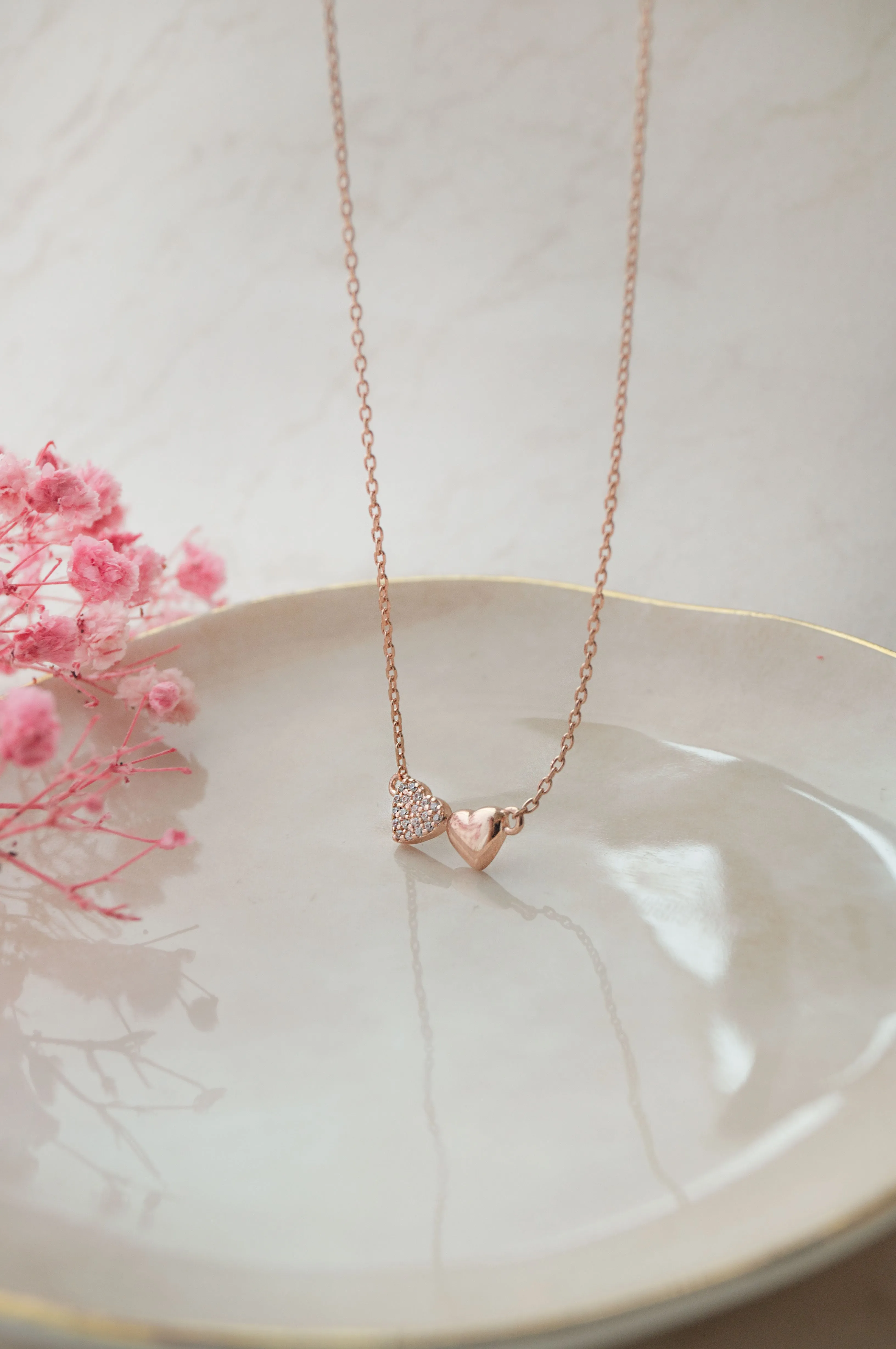You & Me Heart Rose Gold Plated Sterling Silver Chain Necklace